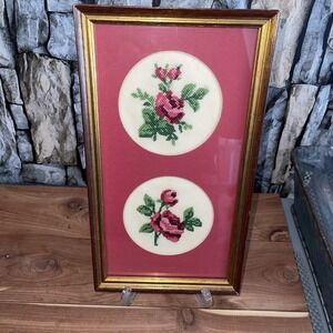 Vintage Handcrafted Floral Needlepoint Embroidery Tapestry Oblong Framed Roses